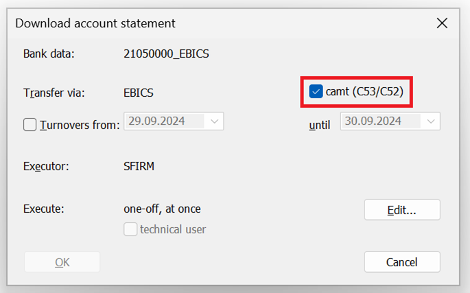 retrieve account transactions in camt format, please activate the “camt(C53/52)” checkbox 